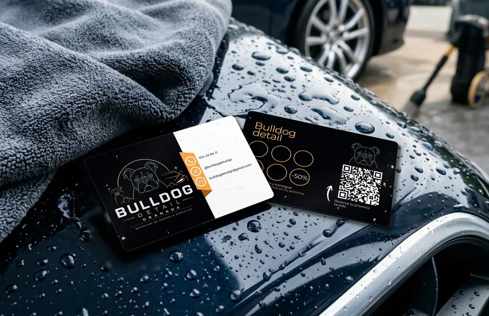 Maqueta de las tarjetas de fidelización de Bulldog Detail, por delante y por detrás, sobre el capó mojado de un coche oscuro con una toalla de microfibra al lado